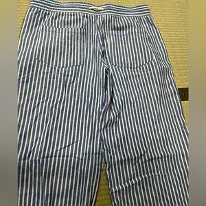 Jolt Womens Wide‎ Leg Cropped Pants Blue Stripe Drawstring Pockets Tassels Linen
